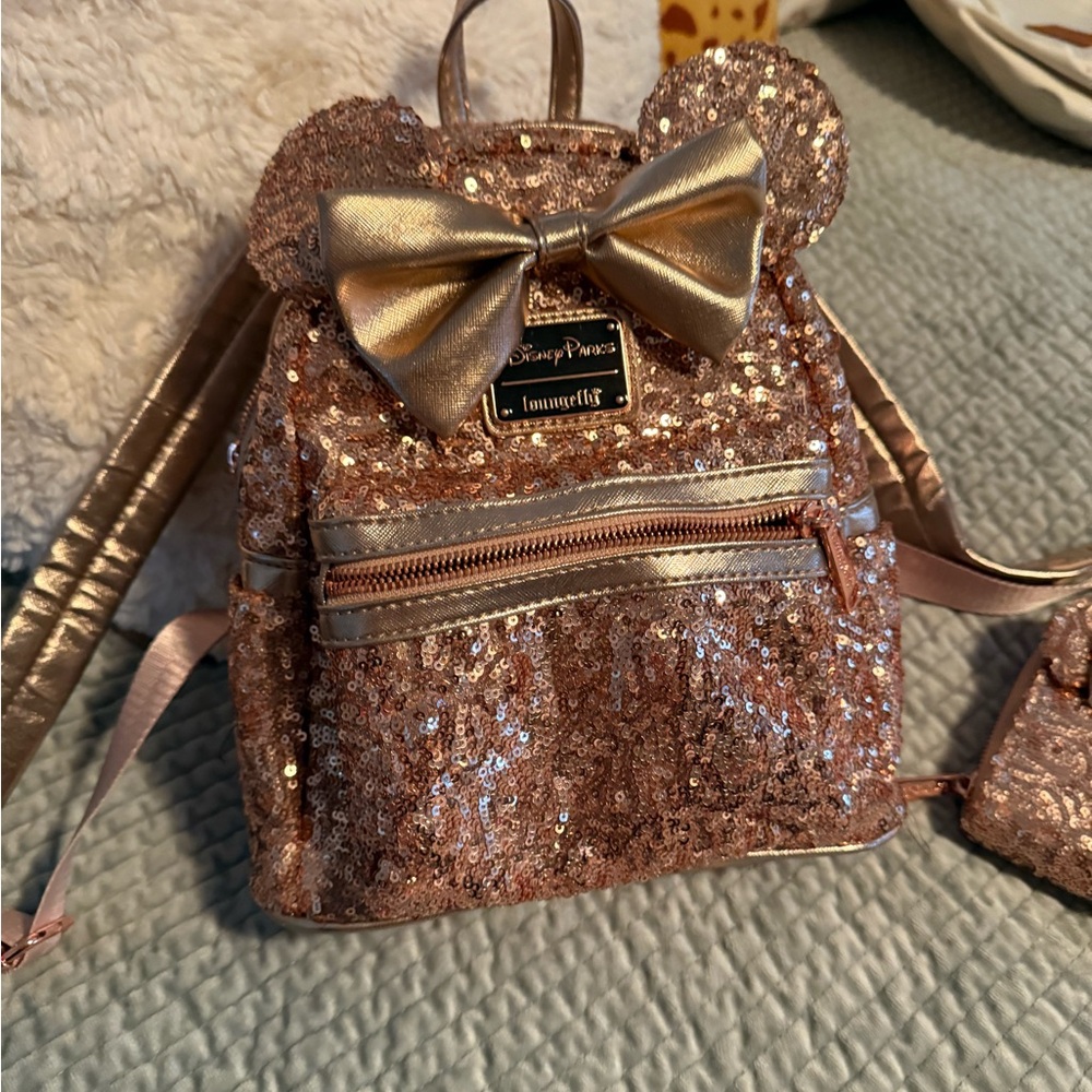 Loungefly Rose Gold Sequin Backpack with Bow and matching wallet - limited
